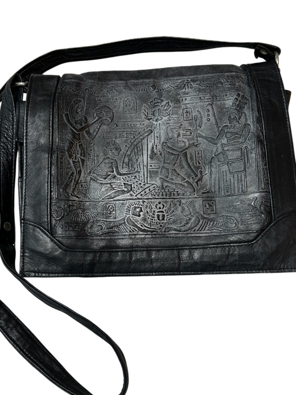 Vintage Tooled Black Leather Crossbody Bag Egyptian Scene On Front Flap Womens